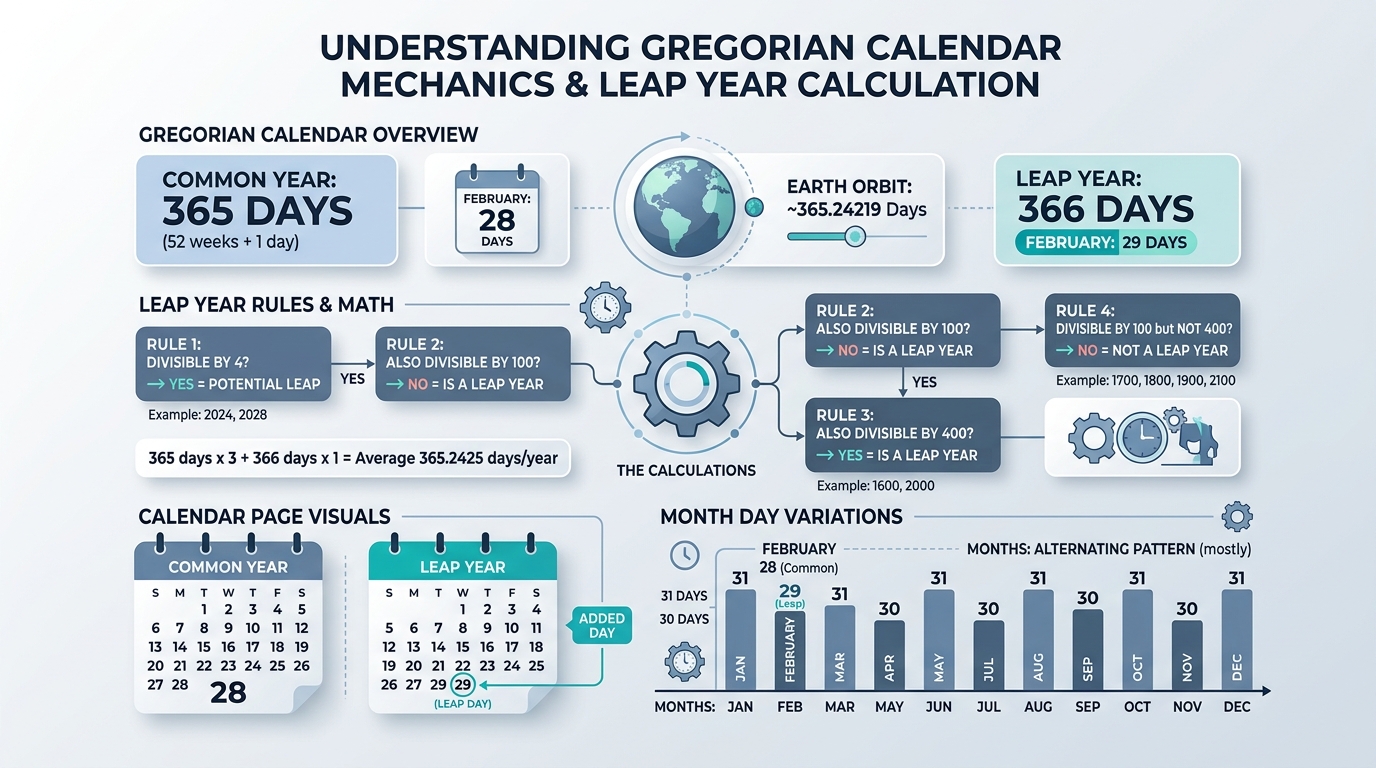Gregorian calendar mechanics, leap year calculation rules, and month day variations