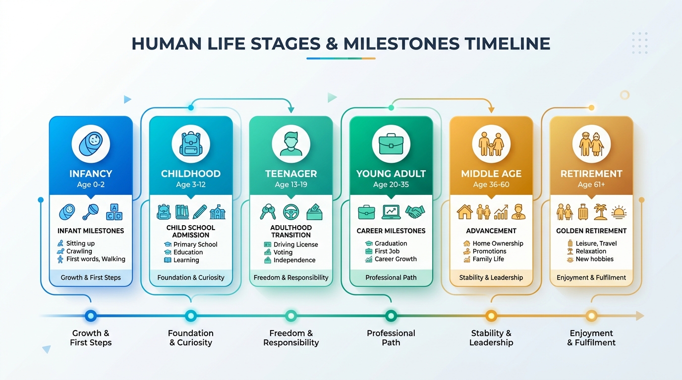 Timeline of human life stages and age milestones from infancy to retirement